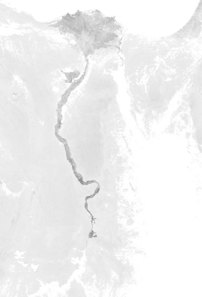 The dark fertile area is clustered around the Nile.  Derived NDVI from channels 1 and 2