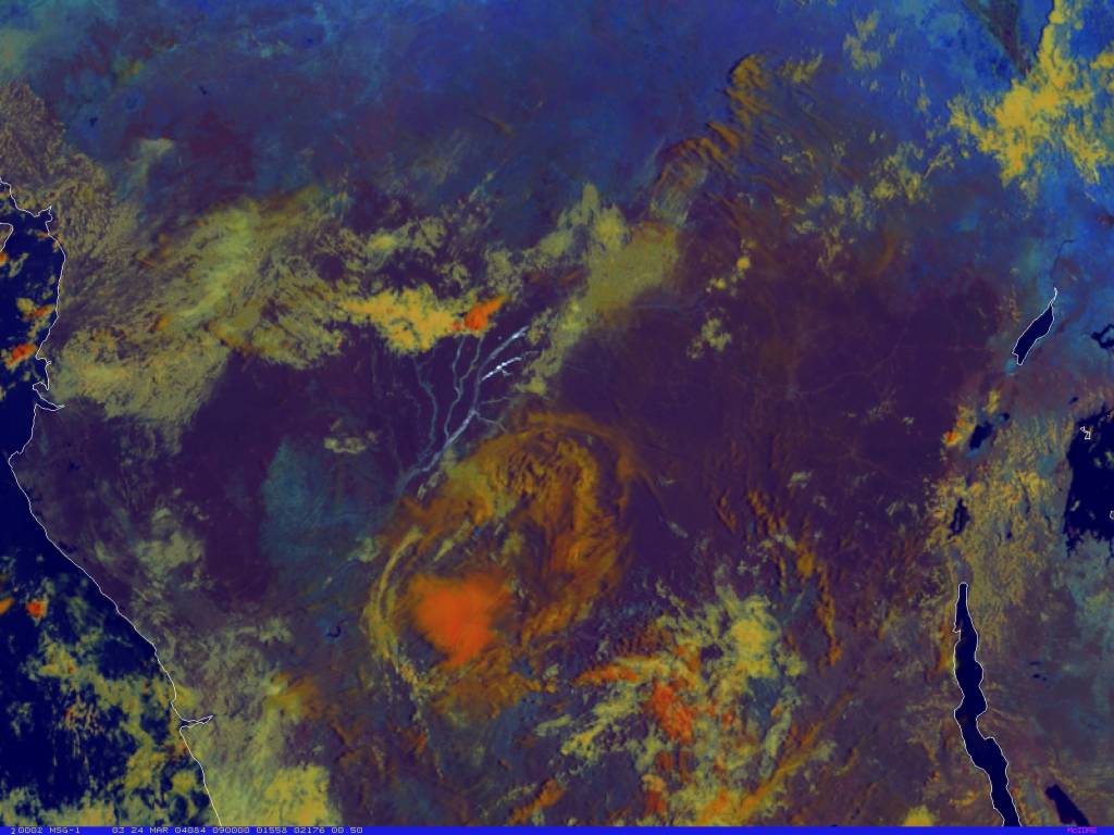 False-colour image showing sunglint in central Africa - data from 2004 April 23 at 0900 UTC
